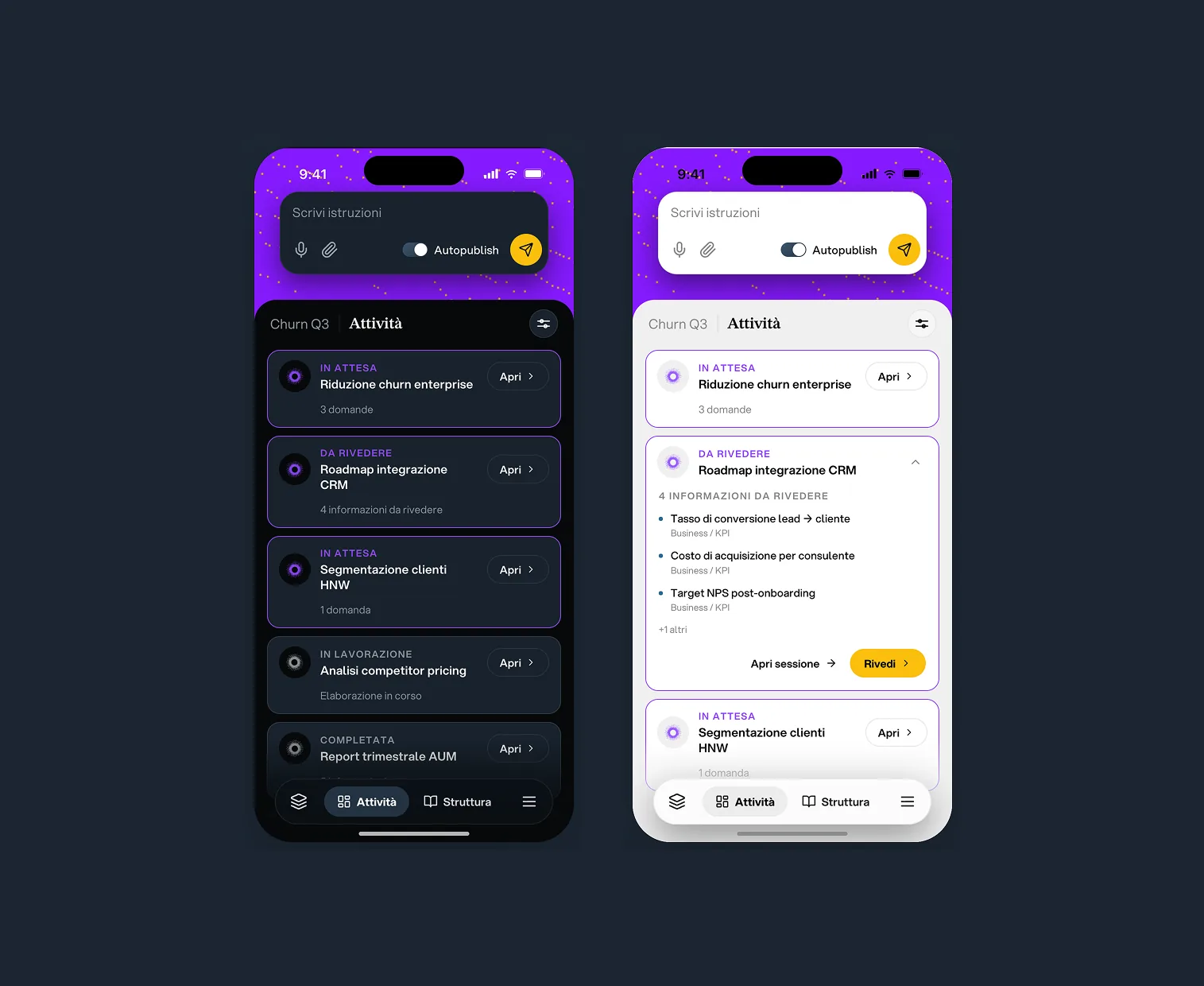 POWA mobile activity feed, dark and light mode