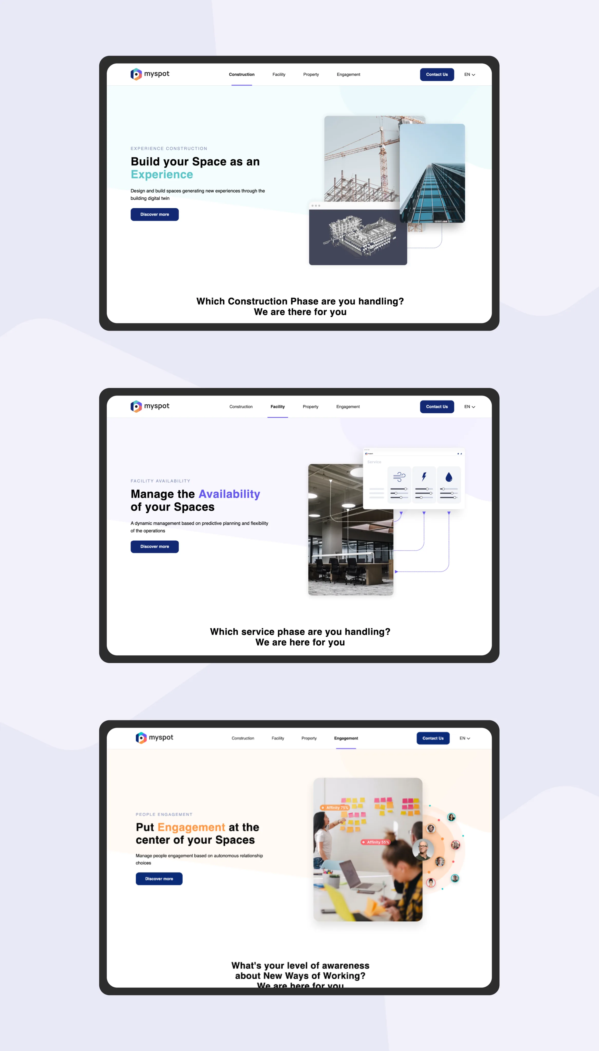 Myspot website Construction, Facility and Engagement pages