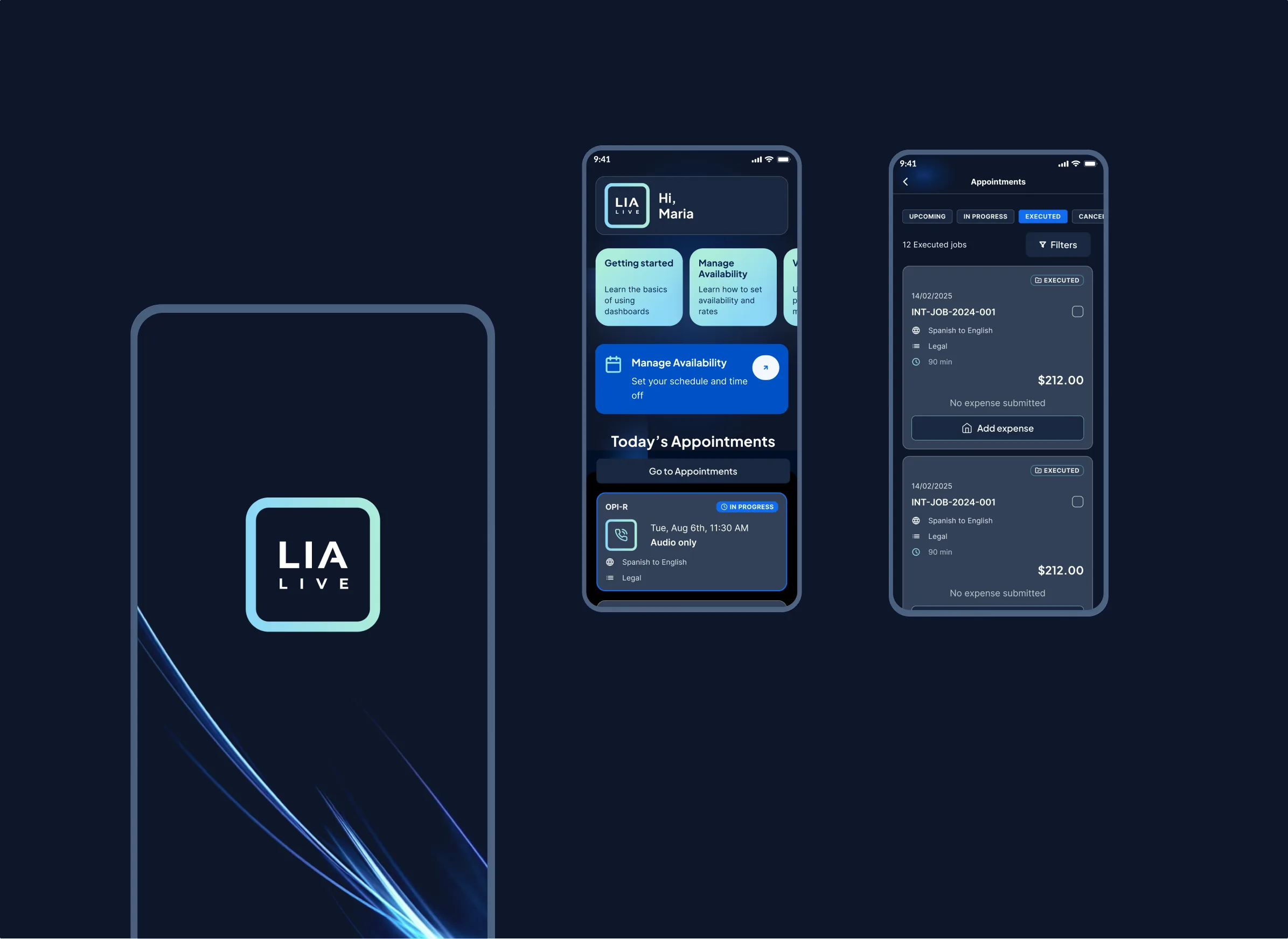 LIA Live home and appointments screens