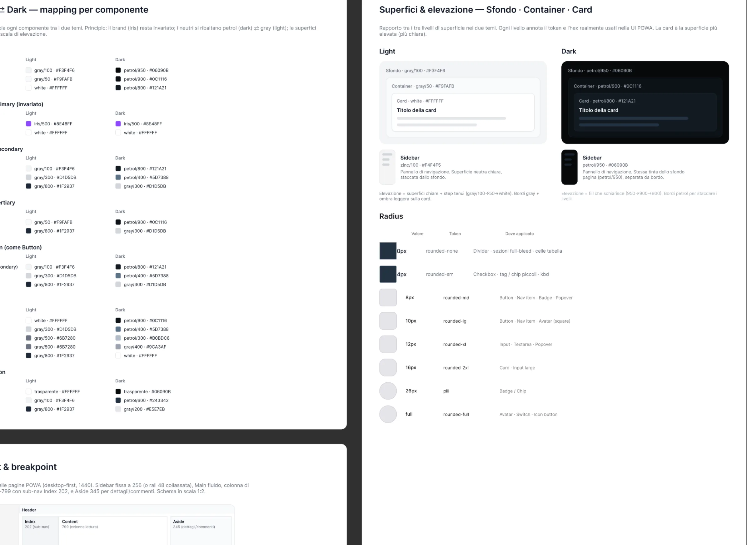 POWA UI style guide: light/dark mapping, surfaces, radius and layout