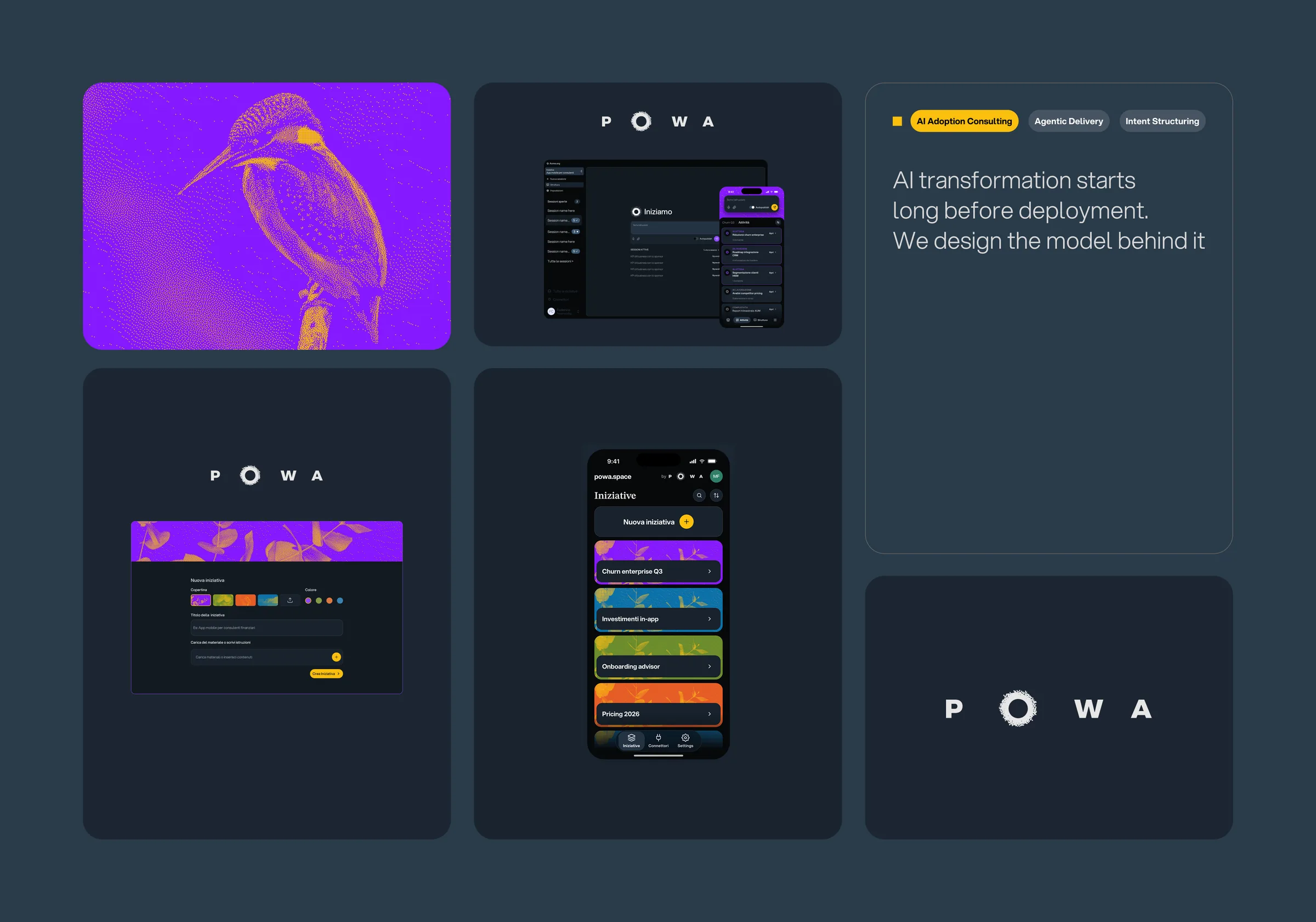 POWA project cover: brand illustration, product screens and positioning statement