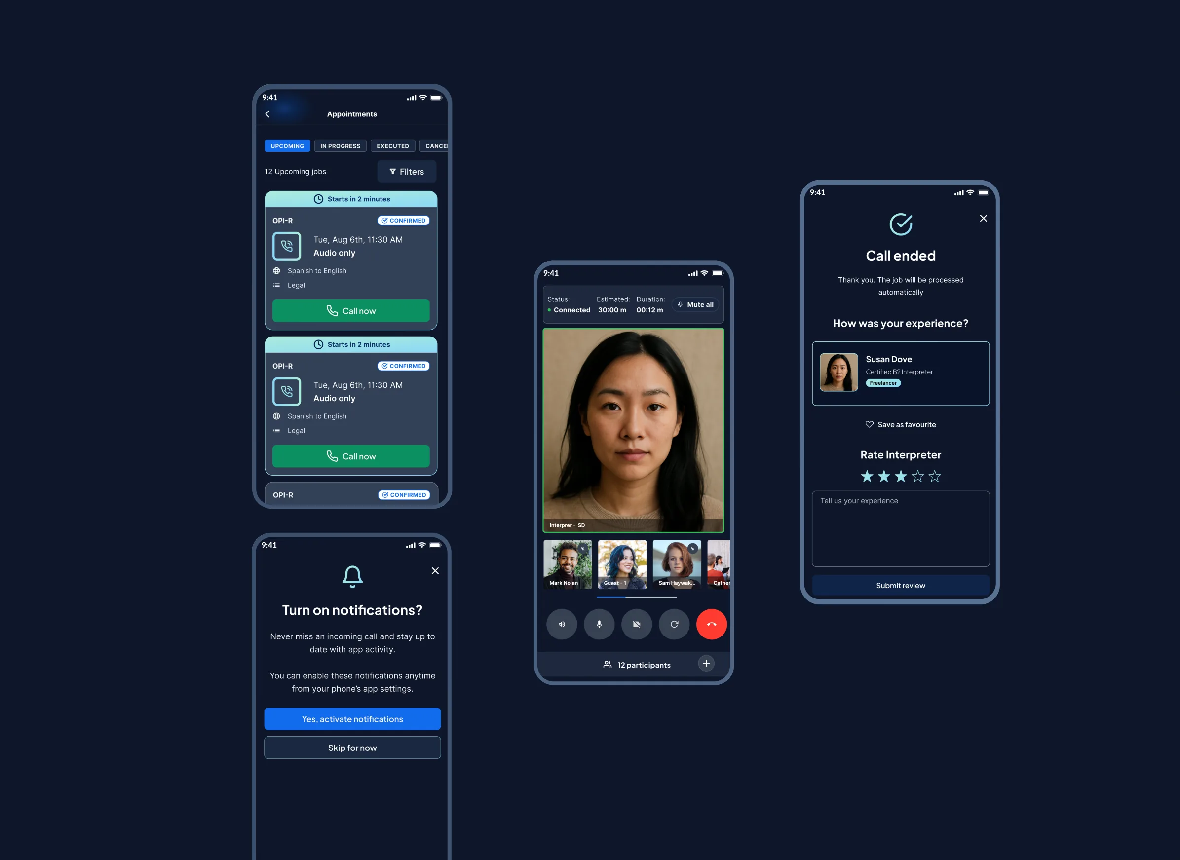 LIA Live appointments, call and feedback screens