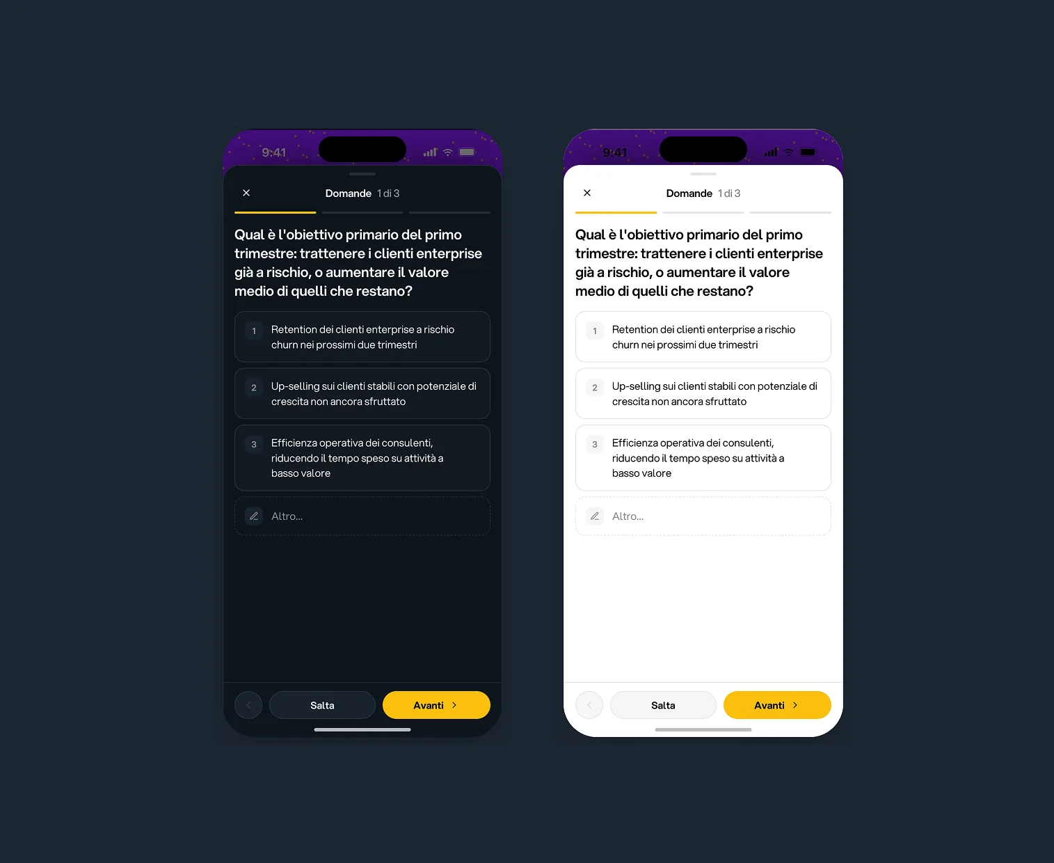 POWA mobile onboarding questions, dark and light mode